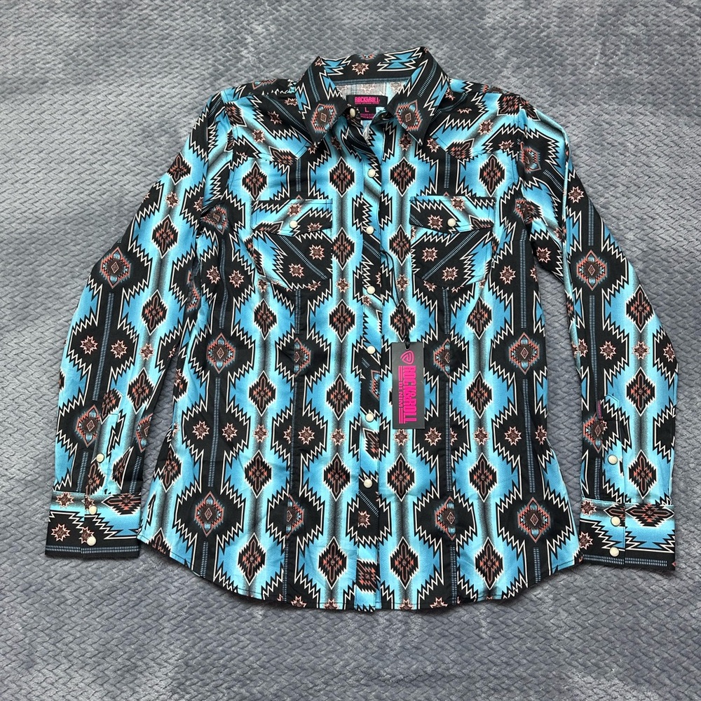 Rock & Roll Denim Teal Aztec Print Button-Up Shirt